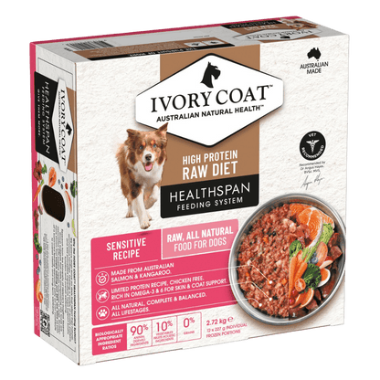 Ivory Coat Grain Free Dog Raw Sensitive Skin 12x227g Frozen Patties - Woonona Petfoods