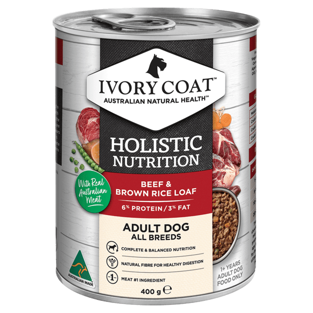 Ivory Coat Holistic Nutrition Wet Dog Food Adult Beef & Brown Rice Loaf 12x400g - Woonona Petfood & Produce