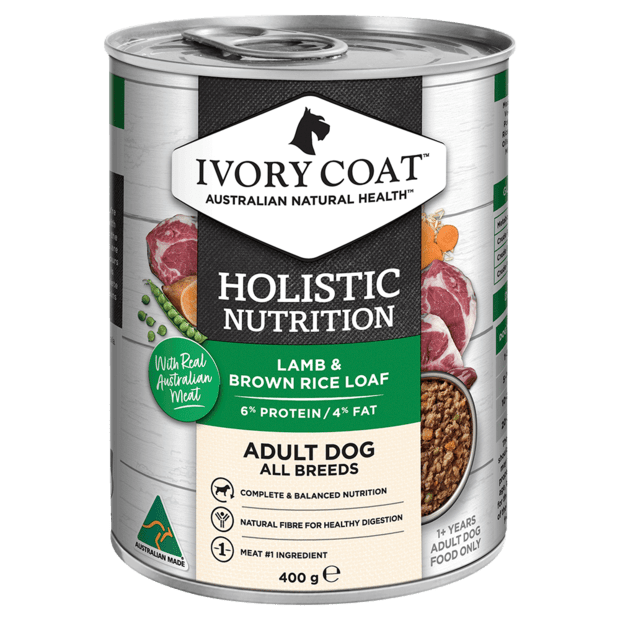 Ivory Coat Holistic Nutrition Wet Dog Food Adult Lamb & Brown Rice Loaf 12x400g - Woonona Petfood & Produce
