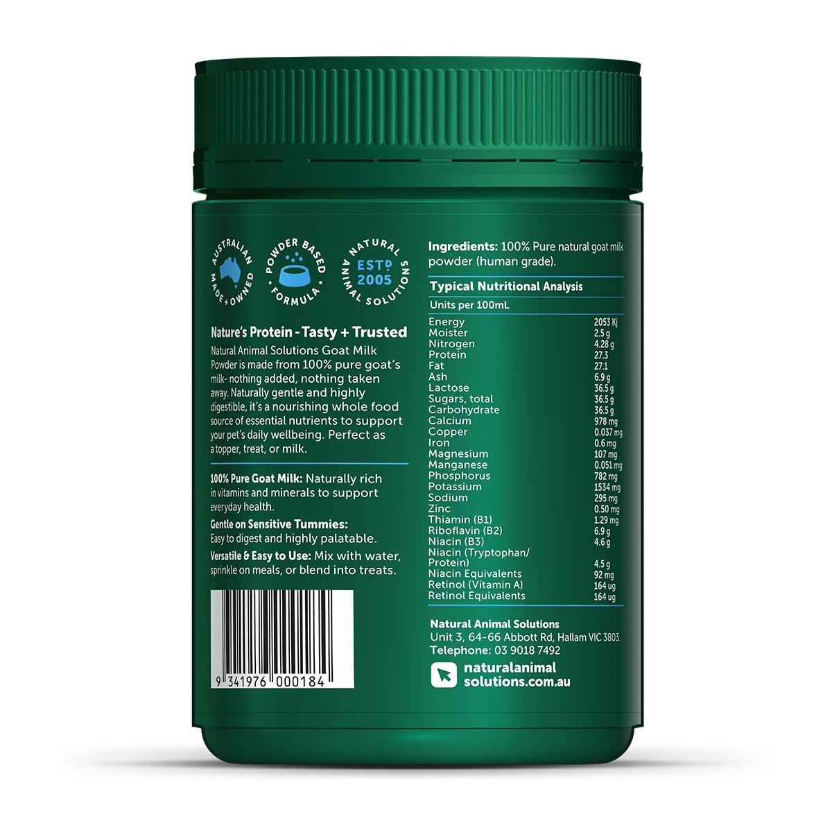 Natural Animal Solutions Goat Milk Powder 400g - Woonona Petfoods