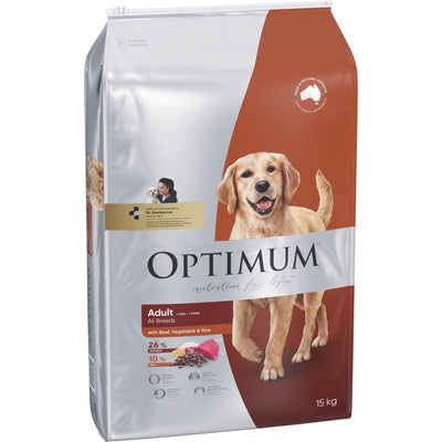 Optimum Dry Dog Food Adult with Beef, Vegetables and Rice 15kg - Woonona Petfood & Produce