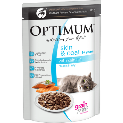 Optimum Wet Cat Food Adult Skin & Coat Chunks in Jelly Salmon 15x85g - Woonona Petfoods