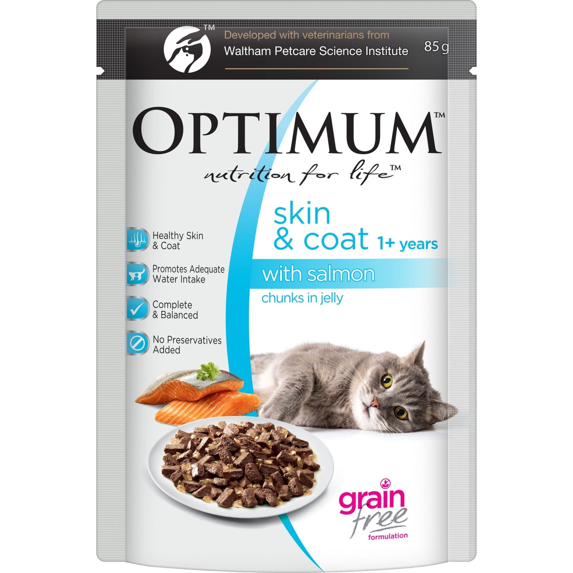 Optimum Wet Cat Food Adult Skin & Coat Chunks in Jelly Salmon 85g - Woonona Petfood & Produce