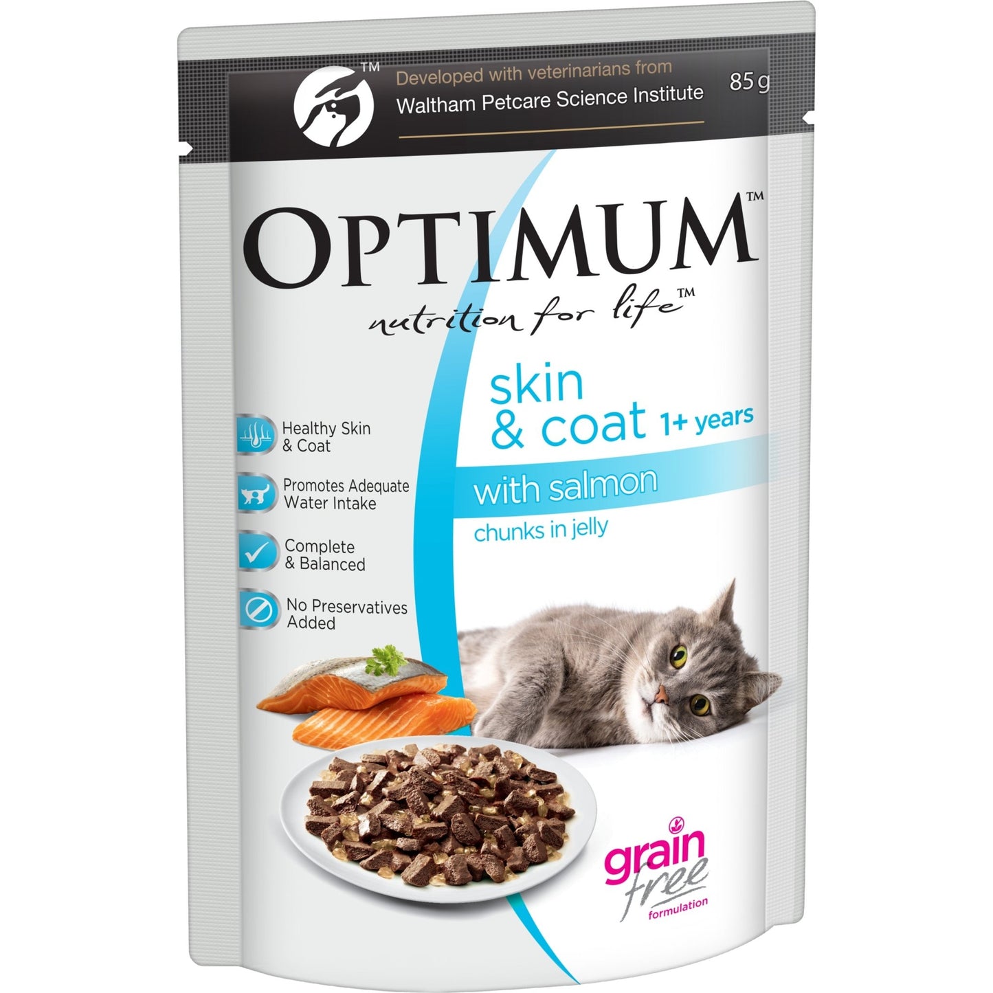 Optimum Wet Cat Food Adult Skin & Coat Chunks in Jelly Salmon 85g - Woonona Petfood & Produce