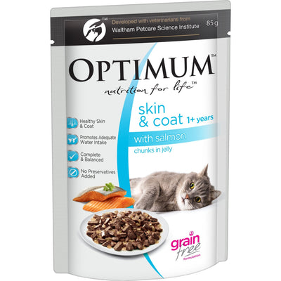 Optimum Wet Cat Food Adult Skin & Coat Chunks in Jelly Salmon 85g - Woonona Petfood & Produce