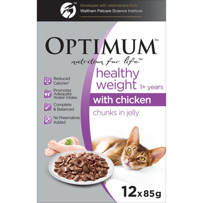 Optimum Wet Cat Food Healthy Weight Chicken Chunks in Jelly 12x85g - Woonona Petfood & Produce