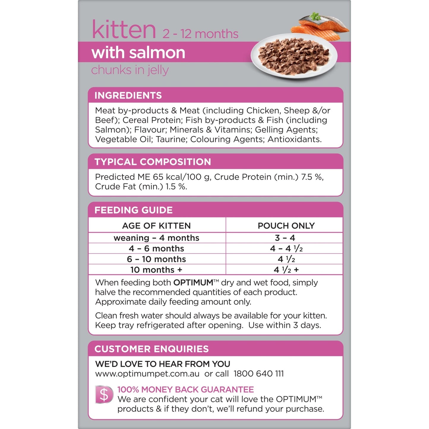 Optimum Wet Cat Food Kitten with Salmon Chunks in Jelly 12x85g - Woonona Petfood & Produce