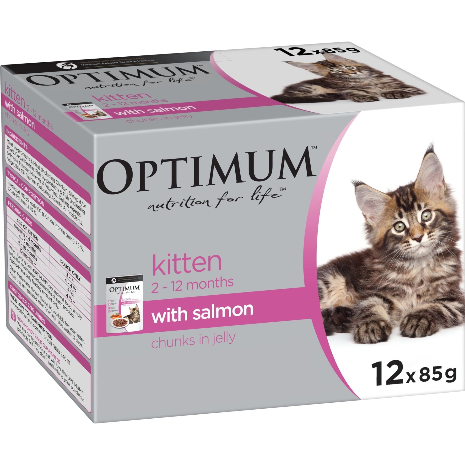 Optimum Wet Cat Food Kitten with Salmon Chunks in Jelly 12x85g - Woonona Petfood & Produce