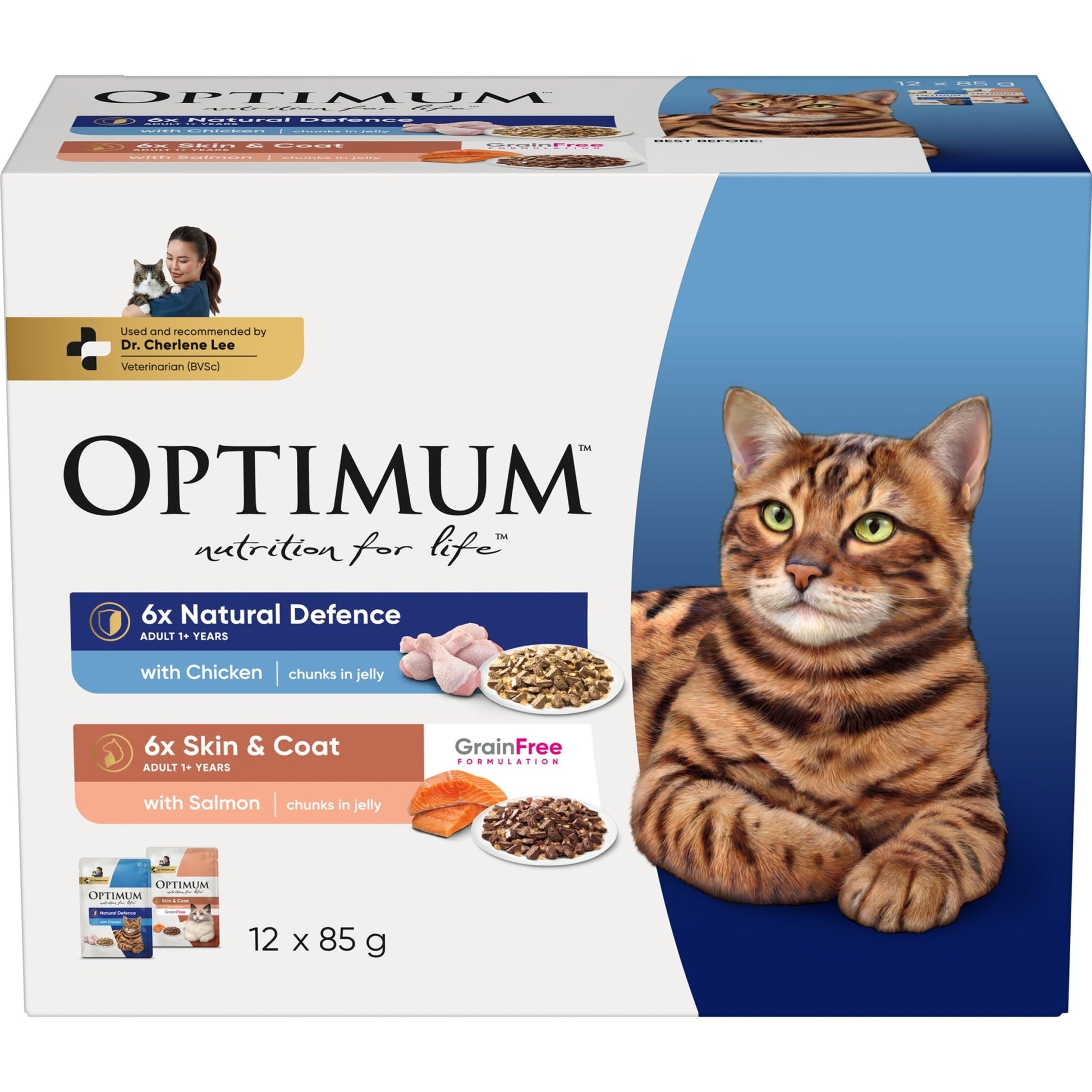 Optimum Wet Cat Food Natural Defences Chicken and Skin & Coat Salmon 12x85g - Woonona Petfood & Produce