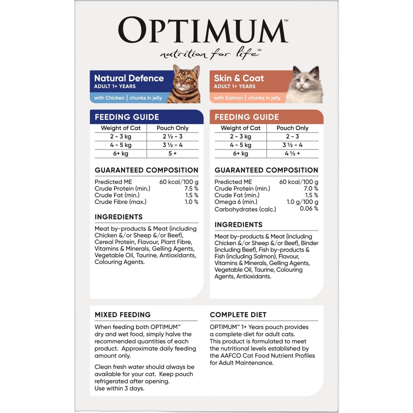 Optimum Wet Cat Food Natural Defences Chicken and Skin & Coat Salmon 12x85g - Woonona Petfood & Produce