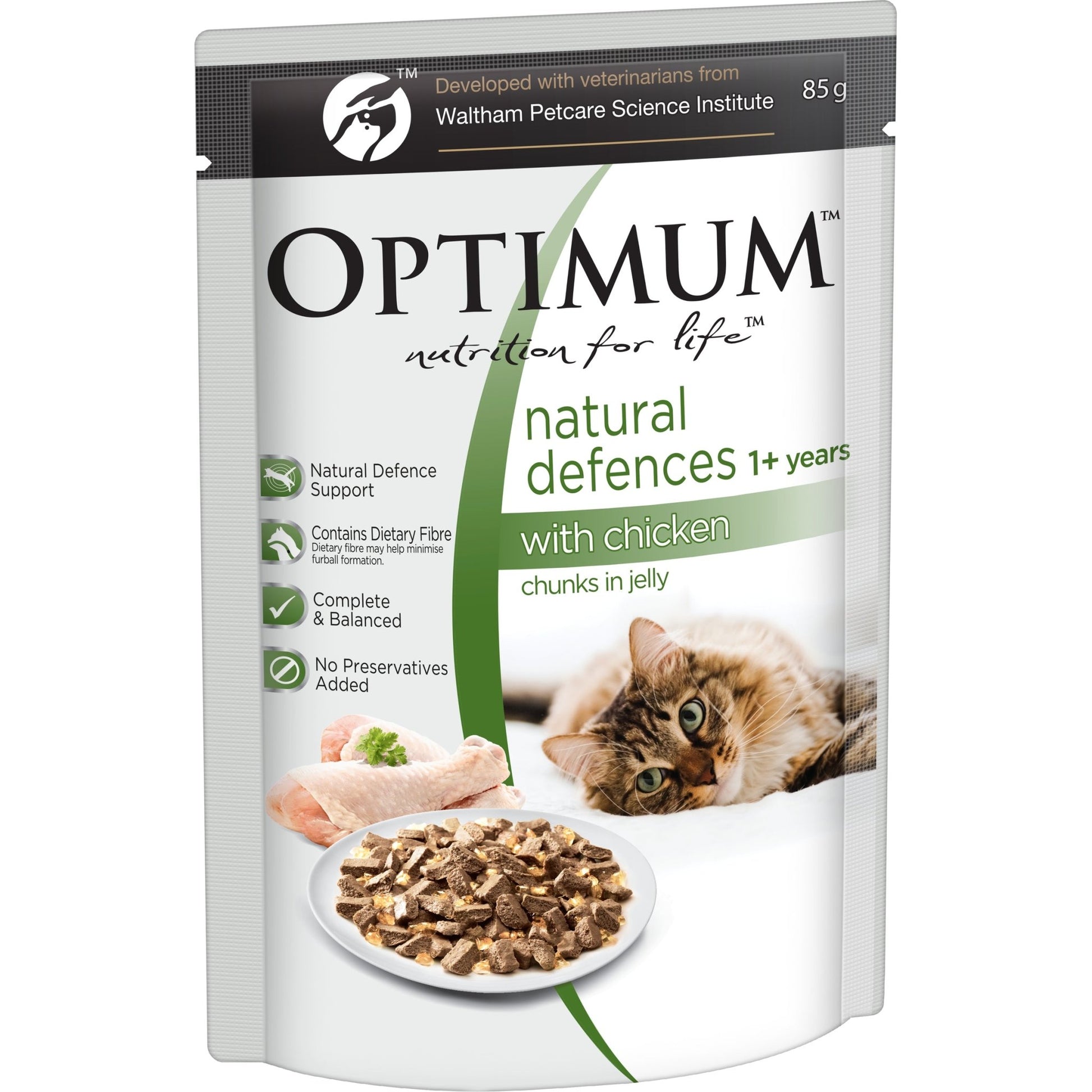 Optimum Wet Cat Food Natural Defences Chunks in Jelly Chicken 85g - Woonona Petfood & Produce