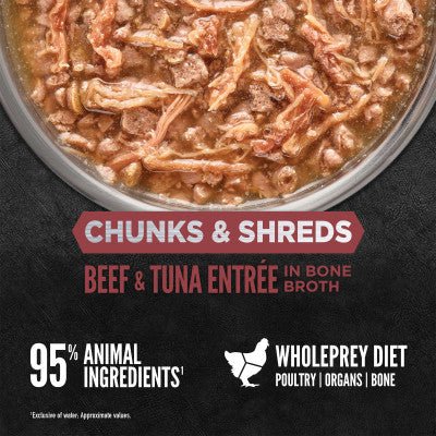 ORIJEN Chunks and Shreds Beef & Tuna Entree in Bone Broth 12 x 85g - Woonona Petfoods