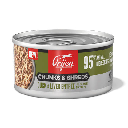 ORIJEN Chunks and Shreds Duck & Liver Entree in Bone Broth 12 x 85g - Woonona Petfoods