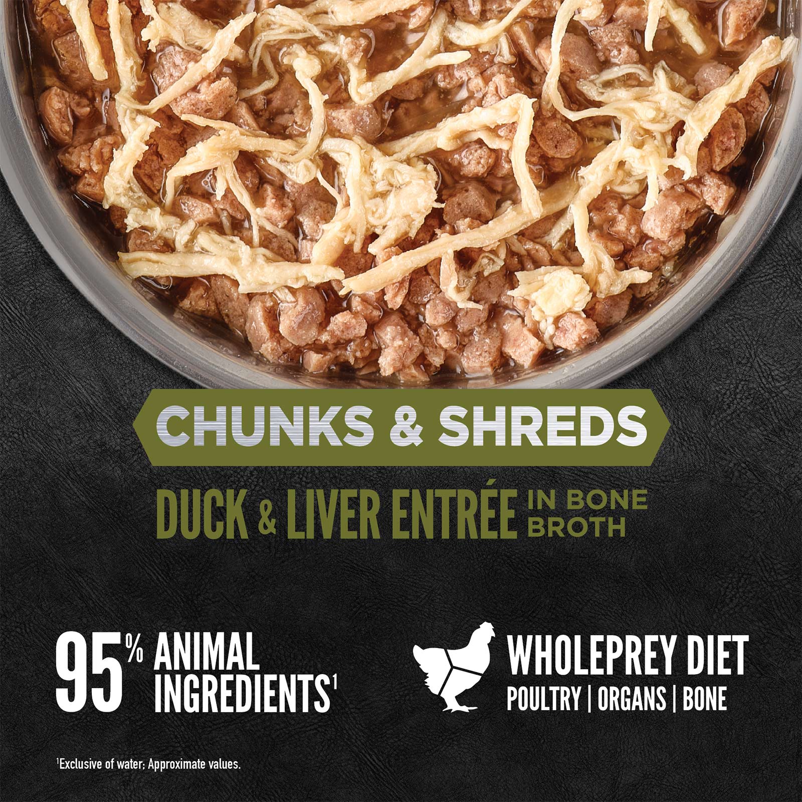 ORIJEN Chunks and Shreds Duck & Liver Entree in Bone Broth 12 x 85g - Woonona Petfoods
