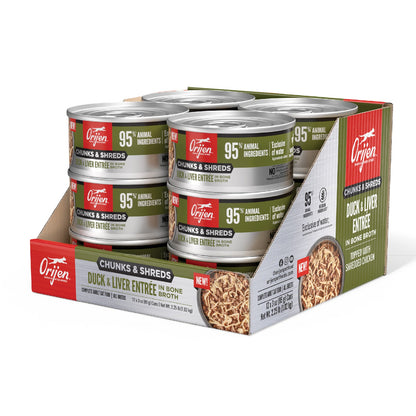 ORIJEN Chunks and Shreds Duck & Liver Entree in Bone Broth 12 x 85g - Woonona Petfoods