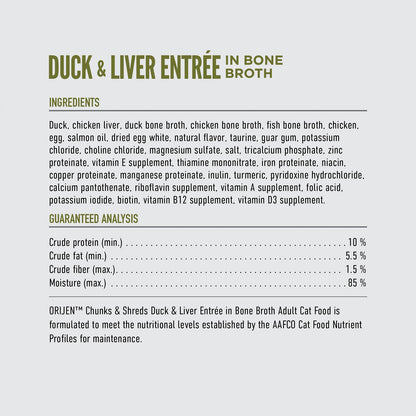 ORIJEN Chunks and Shreds Duck & Liver Entree in Bone Broth 12 x 85g - Woonona Petfoods