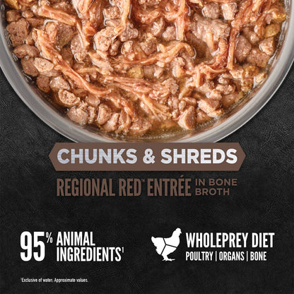 ORIJEN Chunks and Shreds Regional Red in Bone Broth 12 x 85g - Woonona Petfoods
