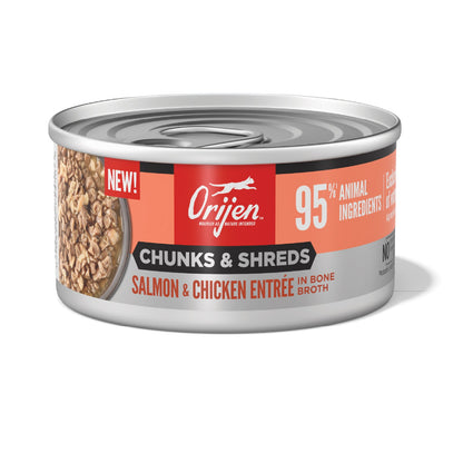 ORIJEN Chunks and Shreds Salmon & Chicken Entree in Bone Broth 12 x 85g - Woonona Petfoods