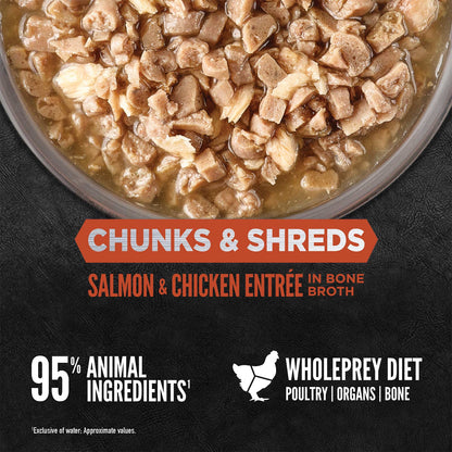 ORIJEN Chunks and Shreds Salmon & Chicken Entree in Bone Broth 12 x 85g - Woonona Petfoods