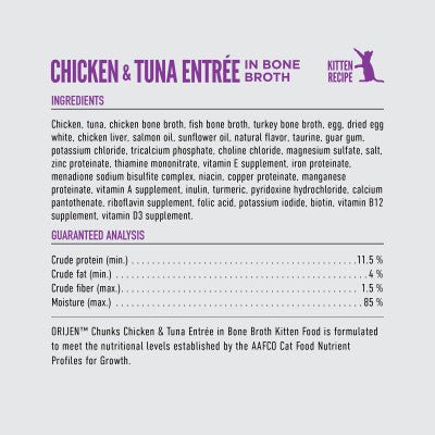 ORIJEN Original Chunks and Shreds Kitten Chicken & Tuna Entree in Bone Broth 6 x 155g - Woonona Petfoods