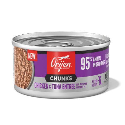ORIJEN Original Chunks and Shreds Kitten Chicken & Tuna Entree in Bone Broth 6 x 155g - Woonona Petfoods