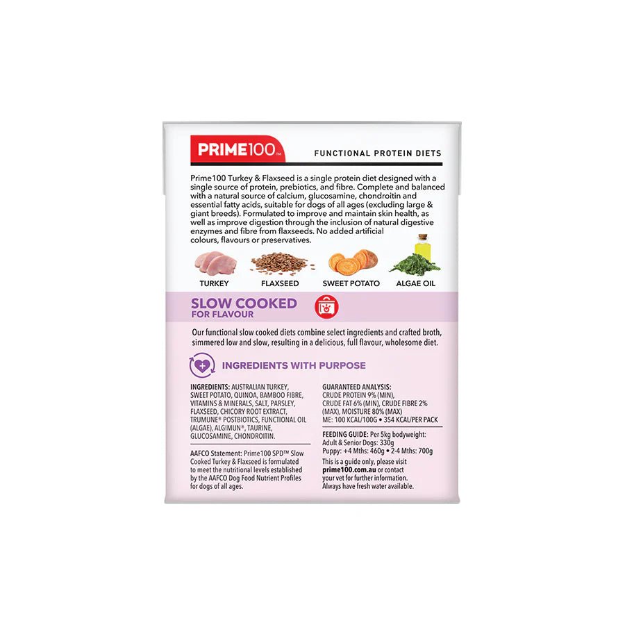 Prime 100 SPD Slow Cooked Turkey and Flaxseed 354g - Woonona Petfood & Produce