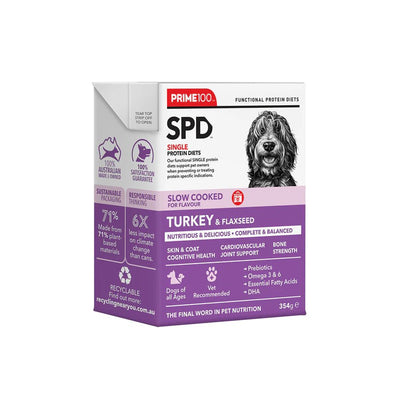 Prime 100 SPD Slow Cooked Turkey and Flaxseed 354g - Woonona Petfood & Produce