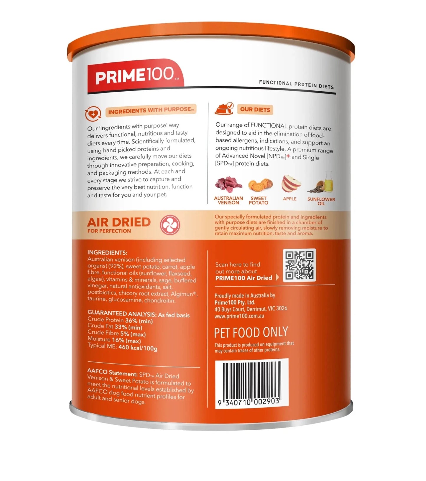 Prime100 SPD Air Dried Venison and Sweet Potato - Woonona Petfoods