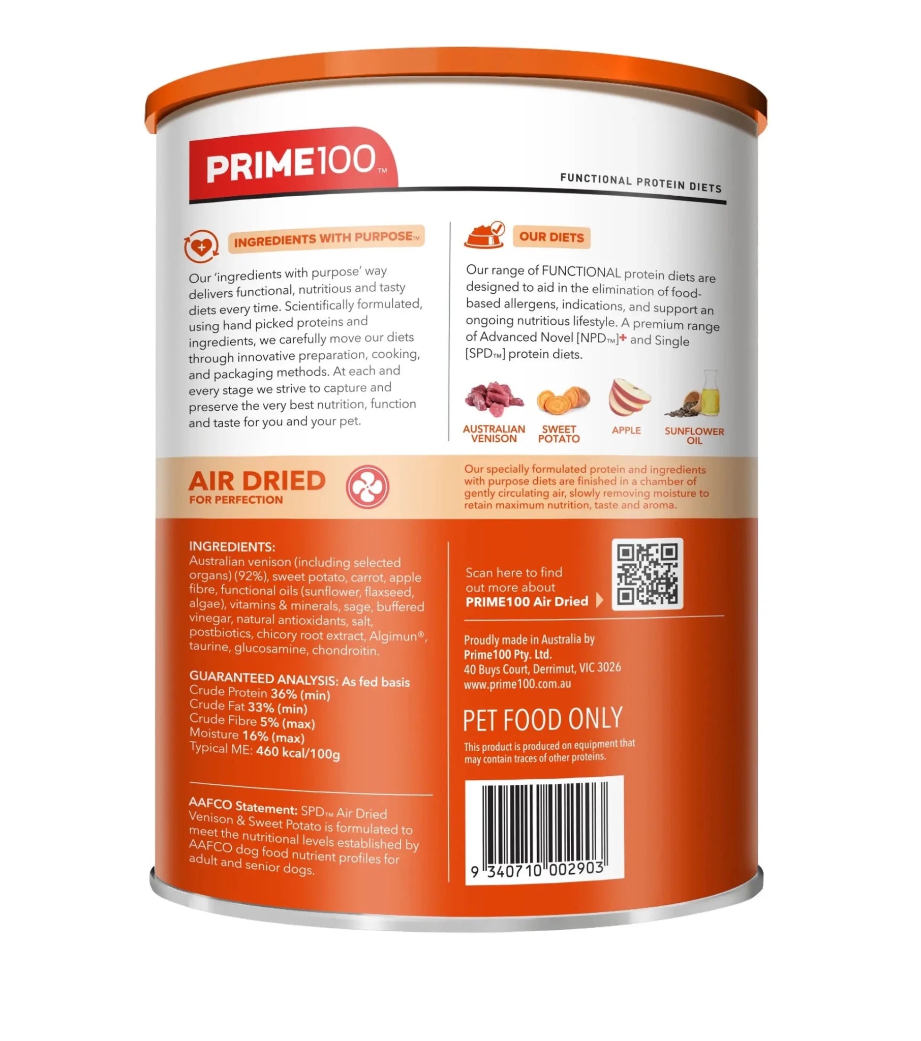 Prime100 SPD Air Dried Venison and Sweet Potato - Woonona Petfoods