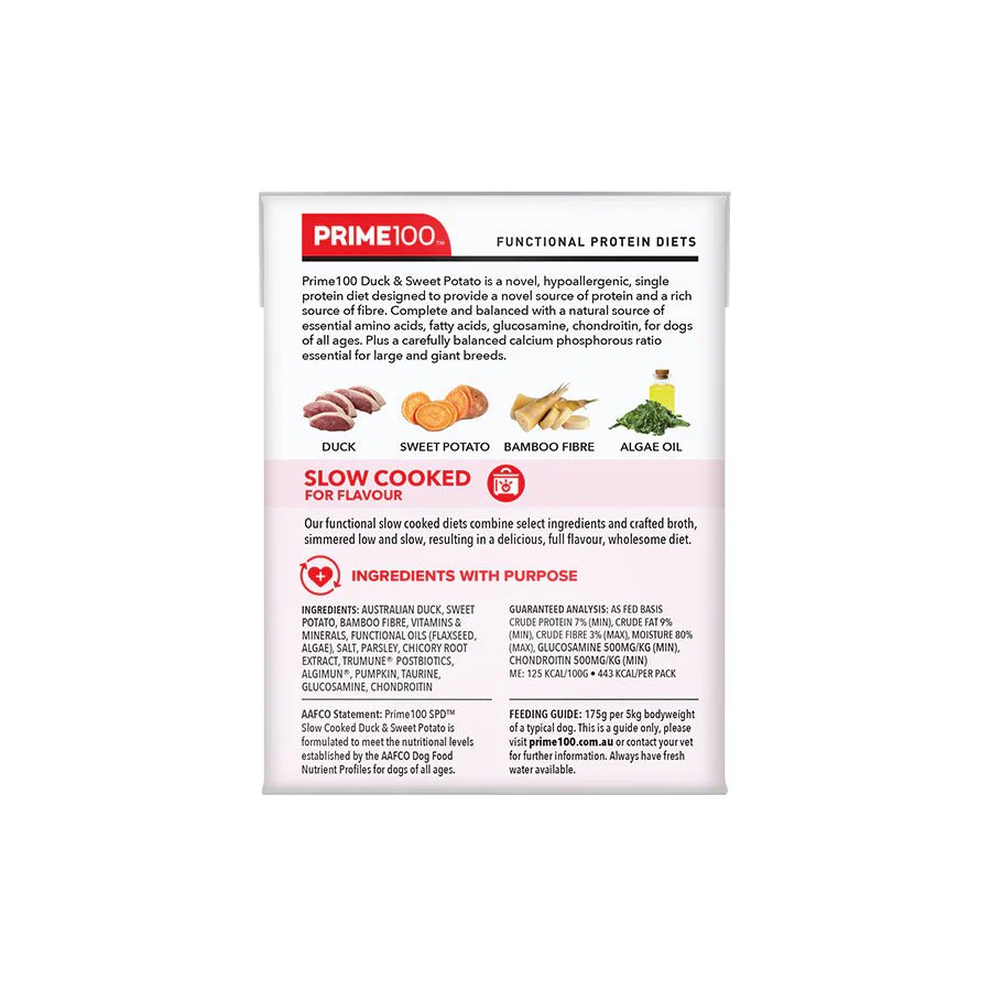 Prime100 SPD Slow Cooked Duck and Sweet Potato 354g - Woonona Petfoods