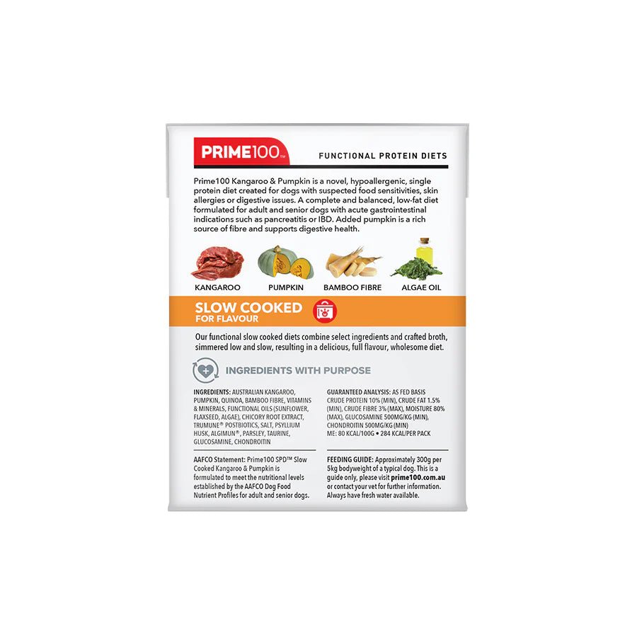 Prime100 SPD Slow Cooked Kangaroo and Pumpkin 354g - Woonona Petfoods