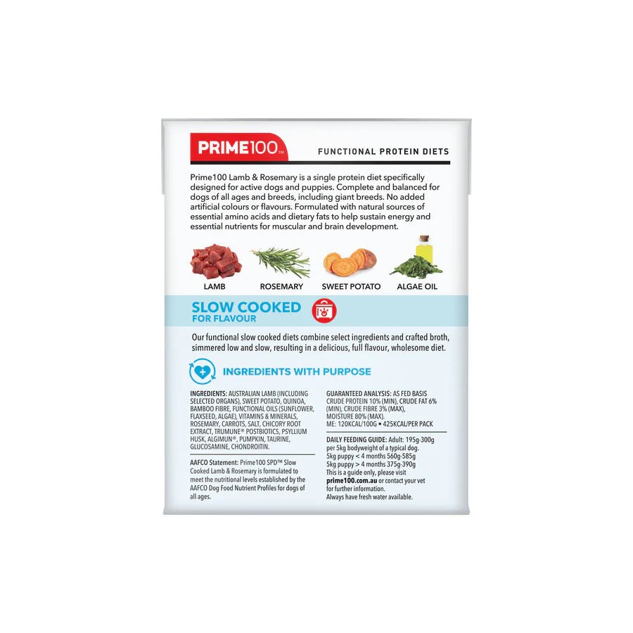 Prime100 SPD Slow Cooked Lamb and Rosemary 354g - Woonona Petfoods