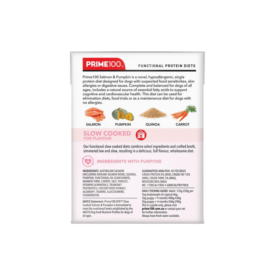 Prime100 SPD Slow Cooked Salmon and Pumpkin 354g - Woonona Petfoods