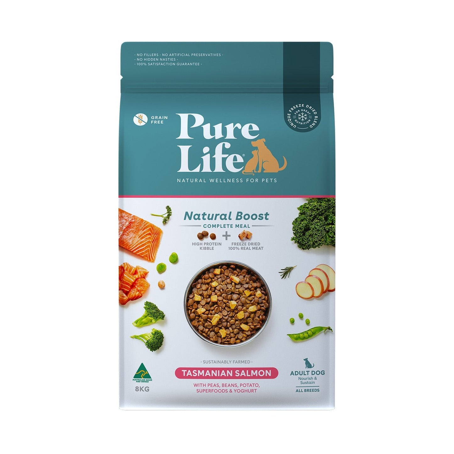 Pure Life Natural Boost Salmon Grain Free Freeze Dried Adult Dog Food 8kg - Woonona Petfood & Produce