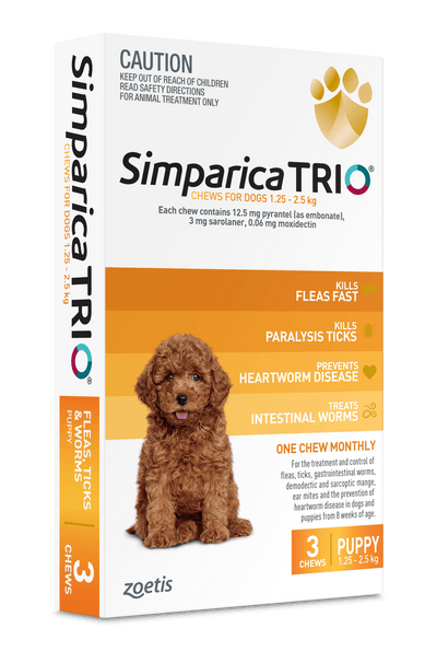 Simparica Trio 1.25kg - 2.5kg Dog Flea, Tick & Worm Chew 3 Pack