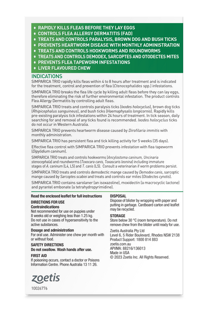 Simparica Trio 20.1kg - 40kg Dog Flea, Tick & Worm Chew - Woonona Petfoods