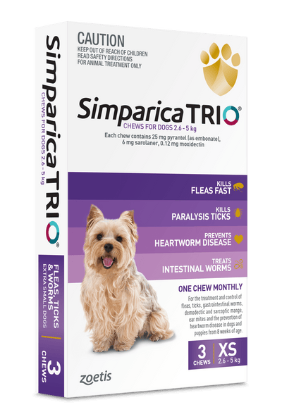 Simparica Trio 2.6kg - 5kg Dog Flea, Tick & Worm Chew 3 Pack