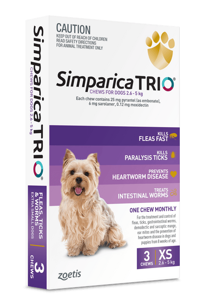 Simparica Trio 2.6kg - 5kg Dog Flea, Tick & Worm Chew 3 Pack - Woonona Petfoods