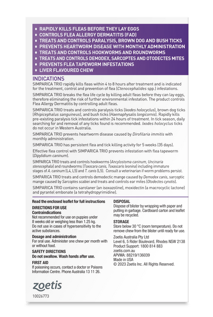 Simparica Trio 2.6kg - 5kg Dog Flea, Tick & Worm Chew 3 Pack - Woonona Petfoods