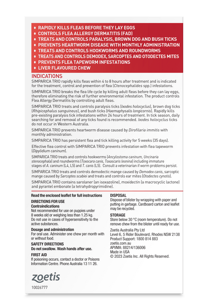 Simparica Trio 40.1kg - 60kg Dog Flea, Tick & Worm Chew - Woonona Petfoods