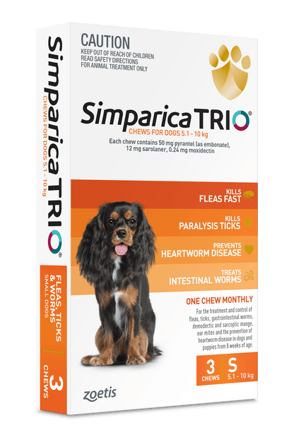 Simparica Trio 5.1kg - 10kg Dog Flea, Tick & Worm Chew - Woonona Petfoods