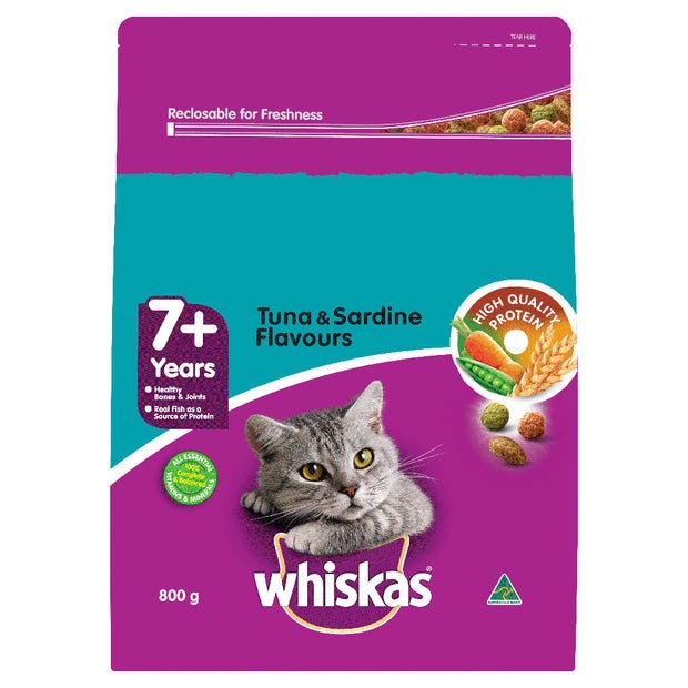 Whiskas Dry Cat Food 7+ Tuna and Sardine 800g - Woonona Petfood & Produce