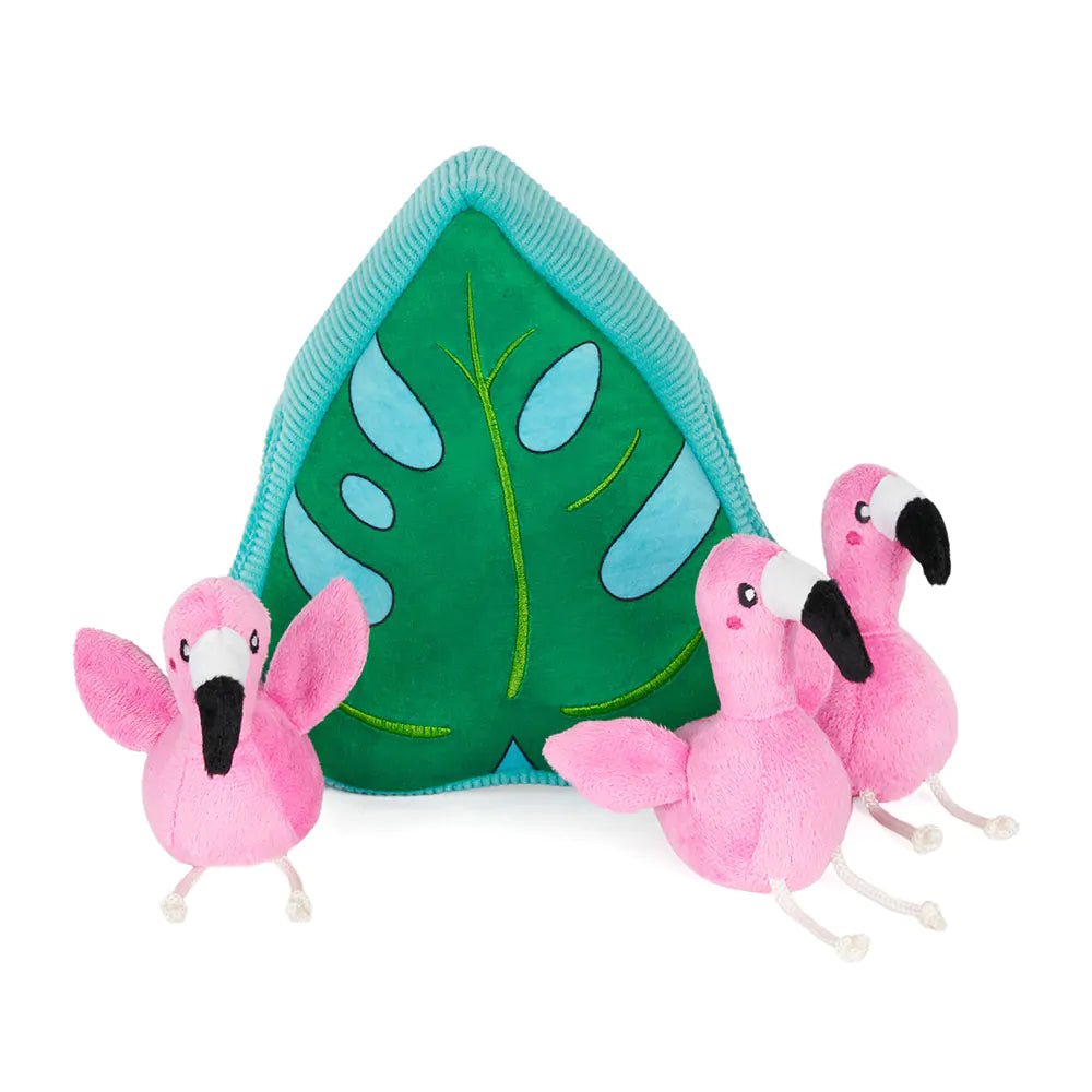 Zippy Paws Zippy Burrow Interactive Dog Toy 3 Flamingos in Monstera Leaf - Woonona Petfood & Produce