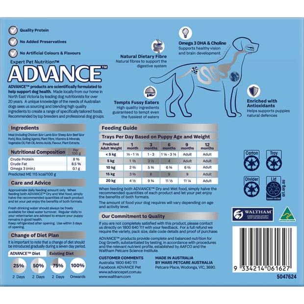 Advance Wet Dog Food Puppy Lamb and Rice 12x100g - Woonona Petfood & Produce