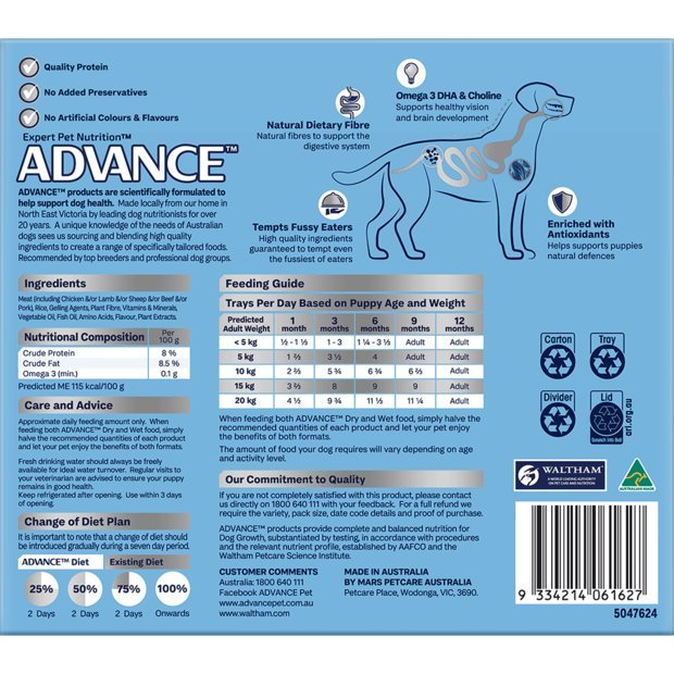 Advance Wet Dog Food Puppy Lamb and Rice 12x100g - Woonona Petfoods