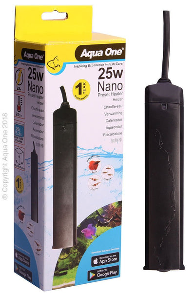 Aqua One Nano Heater Plastic Pre Set 25Watt 15cm - Woonona Petfood & Produce