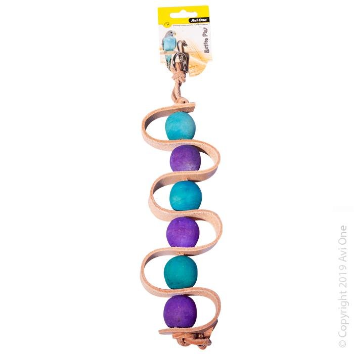 Avi One Bird Toy Wooden Beads With Leather Strip & Rope 32cm - Woonona Petfood & Produce