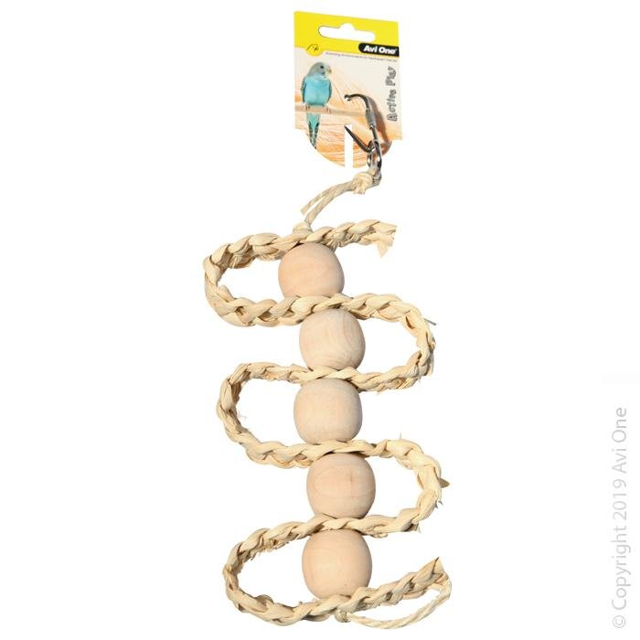 Avi One Bird Toy Wooden Beads With Woven Straw 33cm - Woonona Petfood & Produce