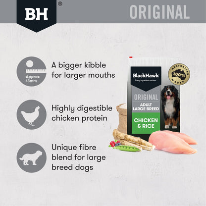 Black Hawk Dry Dog Food Adult Large Breed Chicken & Rice 20kg - Woonona Petfood & Produce