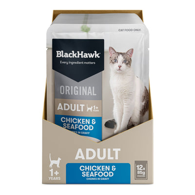 Black Hawk Wet Cat Food Adult Chicken and Seafood 12x85g - Woonona Petfood & Produce